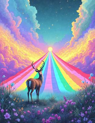 Primary subject: A deer with antlers standing in a field.

Setting/background: The deer is standing in a field with a rainbow background.

Visual style: The image is a digital art illustration.

Colors and mood: The colors are vibrant and lively, creating a cheerful and uplifting atmosphere.