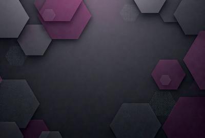 The primary subject of the image is a black background with a pattern of hexagons. The setting is a dark room, and the visual style is a combination of digital art and illustration. The dominant colors are black and purple, creating a moody and mysterious atmosphere.