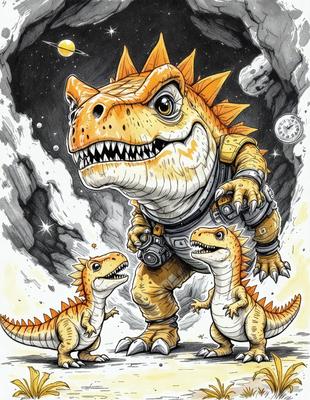 The primary subject of the image is a large, anthropomorphic dinosaur, likely a T-Rex, standing next to two smaller, baby dinosaurs. The setting appears to be a space environment, with a backdrop of a moon and a planet visible in the background. The visual style of the image is a combination of digital art and illustration, creating a unique and imaginative scene. The colors and mood of the image are predominantly dark and dramatic, with the large dinosaur and the smaller dinosaurs standing out against the space backdrop.