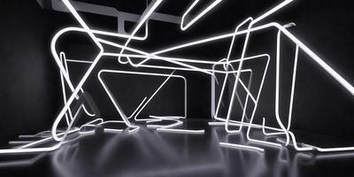The primary subject of the image is a room with a black background and a white floor. The room is illuminated by neon lights, creating a futuristic and modern atmosphere. The setting appears to be a large, open space with a few chairs placed around the room. The visual style of the image is a combination of digital art and illustration, with the neon lights adding a unique and captivating element to the scene.