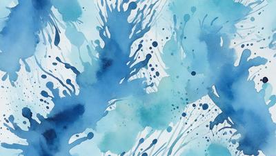 The primary subject of the image is a blue and white painting featuring a tree with blue and white splashes. The setting is a blue and white background, and the visual style is a painting. The colors and mood of the painting are predominantly blue and white, creating a serene and calming atmosphere.