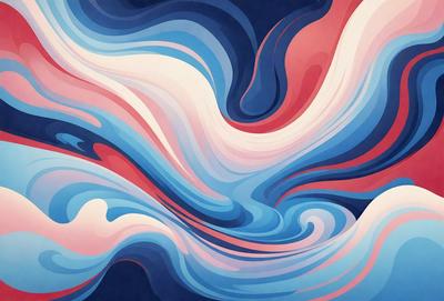 The primary subject of the image is a blue and white painting of a swirling, flowing design. The setting is a blue background, and the visual style appears to be a digital art or illustration. The dominant colors are blue and white, creating a sense of calm and tranquility.