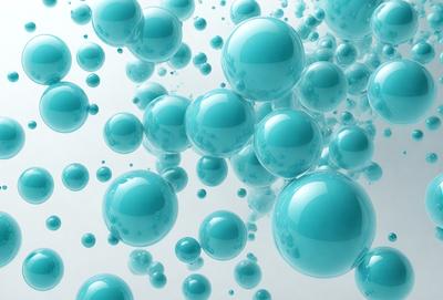 The primary subject of the image is a collection of blue bubbles floating in a white background. The setting appears to be a digital art or illustration, as the bubbles are arranged in a visually appealing manner. The visual style is a mix of digital art and photography, creating a unique and captivating scene. The dominant colors in the image are blue and white, giving the scene a calm and soothing atmosphere.