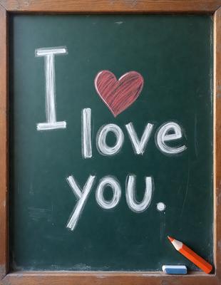 The primary subject of the image is a chalkboard with the words "I love you" written on it. The setting is a room with a wooden table. The visual style is a handwritten message on a chalkboard, giving it a personal and intimate feel. The colors and mood are warm and affectionate, as the message expresses love and affection towards someone.