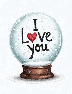 The primary subject of the image is a snow globe with the words "I Love You" written on it. The setting is a white background, and the visual style is a digital art illustration. The colors are predominantly white, which gives the image a clean and simple appearance. The overall mood of the image is warm and affectionate, as it conveys a message of love and affection.