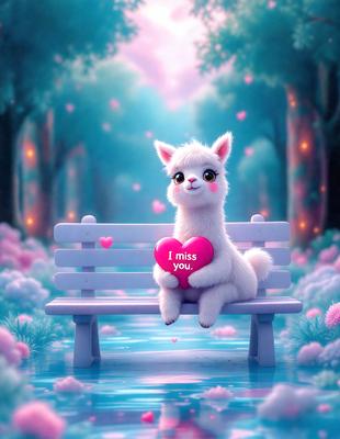 The primary subject of the image is a white and pink stuffed animal, which appears to be a stuffed lama, sitting on a bench. The setting is a forest, with trees in the background. The visual style is digital art, as the lama is depicted in a cartoon-like manner. The colors and mood of the image are predominantly pink and white, giving it a cheerful and whimsical atmosphere.