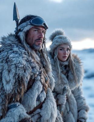 The primary subject of the image is a man and a woman dressed in furs, standing in a snowy environment. The man is wearing a fur coat and holding a knife, while the woman is also dressed in furs. The setting is a snowy landscape, and the visual style appears to be a photo. The colors in the image are predominantly white and gray, creating a cold and wintry atmosphere.