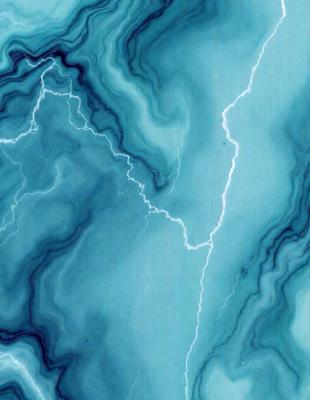 The primary subject of the image is a lightning bolt, which is the main object, scene, or focus of the image. The lightning bolt is depicted in a blue and white color scheme, which gives the image a striking and dynamic visual style. The setting or background of the image features a blue and white marbled surface, which adds to the overall atmosphere and mood of the image.