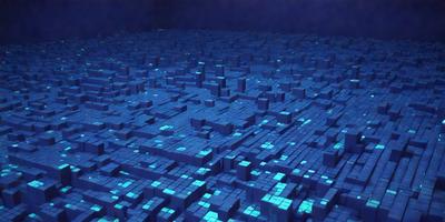 The primary subject of the image is a blue, glowing, and intricate pattern of squares. The setting is a dark background, which contrasts with the bright blue squares. The visual style is a digital art or illustration, creating a unique and captivating visual experience. The colors and mood of the image are predominantly blue, with a sense of depth and complexity.
