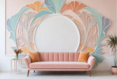 The primary subject of the image is a pink couch with two orange pillows, placed in front of a wall with a large mirror. The setting is a living room, and the visual style appears to be a combination of digital art and illustration. The dominant colors in the image are pink and orange, creating a warm and inviting atmosphere.