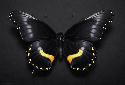 The primary subject of the image is a black and yellow butterfly. The butterfly is prominently displayed in the foreground, with its wings spread wide. The setting is a dark background, which contrasts with the vibrant colors of the butterfly. The visual style of the image is a close-up, showcasing the intricate details of the butterfly's wings. The colors and mood of the image are lively and captivating, with the black and yellow butterfly being the focal point of the scene.