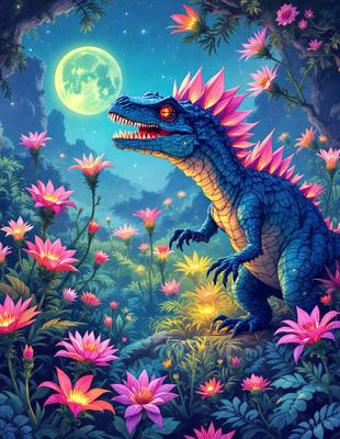 The primary subject of the image is a large, blue, spiky dinosaur with a mouth full of teeth, standing in a field of flowers. The setting is a nighttime scene with a full moon in the background. The visual style is a digital art illustration, creating a vibrant and colorful atmosphere. The dominant colors are blue, pink, and white, with the spiky dinosaur being the main focus of the image.
