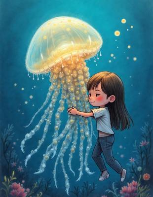 The primary subject of the image is a young girl who is holding onto a large, floating jellyfish. The setting is underwater, with the girl standing in front of a blue background. The visual style is an illustration, depicting the girl and the jellyfish in a whimsical and imaginative manner. The colors are predominantly blue and white, creating a calm and serene atmosphere.