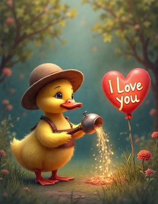 The image features a cute duckling wearing a hat and holding a watering can. The duckling is standing in front of a heart-shaped balloon, which reads "I love you." The scene is set in a garden, with a tree visible in the background. The overall atmosphere is warm and affectionate, with the cute duckling and the heart-shaped balloon creating a loving and playful scene.