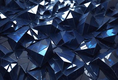 The primary subject of the image is a large, intricate, and colorful pattern made up of many small, blue triangles. The pattern is displayed on a black background, creating a striking contrast. The visual style of the image is a combination of digital art and illustration, with the triangles appearing to be made of glass or crystal. The colors and mood of the image are predominantly blue, giving it a calm and serene atmosphere.