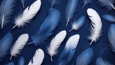 The primary subject of the image is a collection of white feathers, which are arranged in a visually appealing manner. The feathers are spread across a blue background, creating a striking contrast between the white feathers and the dark blue surface. The visual style of the image is a close-up of the feathers, showcasing their intricate details and textures. The overall atmosphere of the image is serene and calming, with the white feathers symbolizing purity and innocence.