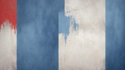The primary subject of the image is a blue and white flag. The setting is a wall with a blue background, and the visual style is a photo. The colors and mood of the image are predominantly blue and white, creating a calm and serene atmosphere.
