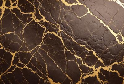 The primary subject of the image is a close-up of a leather surface with gold foil. The setting is a room with a wall that features a gold-colored pattern. The visual style is a combination of a photo and digital art, creating a unique and eye-catching design. The colors and mood of the image are predominantly gold and brown, giving it a warm and luxurious appearance.