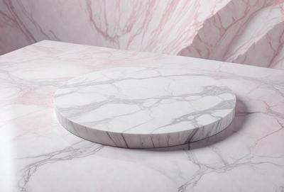 The primary subject of the image is a marble tabletop with a round, white marble piece on top of it. The tabletop is placed on a pink marble surface, which adds a contrasting color to the scene. The visual style of the image is a photo, capturing the details of the marble tabletop and the round piece on top of it. The colors and mood of the image are predominantly white and pink, creating a clean and elegant atmosphere.
