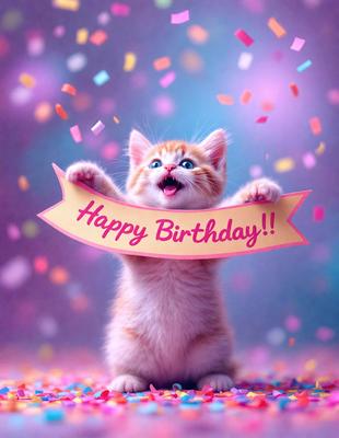 The primary subject of the image is a cute, happy kitten. The kitten is holding a pink ribbon with the words "Happy Birthday!" written on it. The setting is a colorful background with confetti falling around the kitten. The visual style is a digital art illustration, creating a fun and lively atmosphere. The dominant colors are pink and purple, which are associated with celebrations and joy.