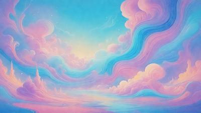 The primary subject of the image is a beautifully painted sky with clouds and a sunset. The sky is filled with vibrant colors, creating a serene and peaceful atmosphere. The setting is a cloudy sky, and the visual style is a combination of digital art and illustration. The colors and mood of the image are predominantly pink, blue, and purple, giving it a dreamy and whimsical appearance.