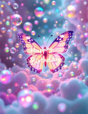 The primary subject of the image is a butterfly, which is the main object, scene, or focus of the image. The butterfly is depicted in a pink and purple color scheme, which gives the image a warm and cheerful atmosphere. The setting or background of the image features a cloudy, pink and purple sky, which adds to the overall visual style of the image. The butterfly is positioned in the middle of the sky, surrounded by the clouds, creating a sense of depth and dimension to the scene.