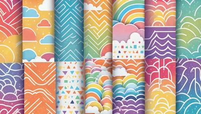 The image features a series of colorful, abstract designs, including rainbow patterns and geometric shapes. The designs are displayed in a row, showcasing a variety of colors and patterns. The overall atmosphere is vibrant and lively, with the use of bright colors and intricate patterns creating a visually appealing and engaging scene.
