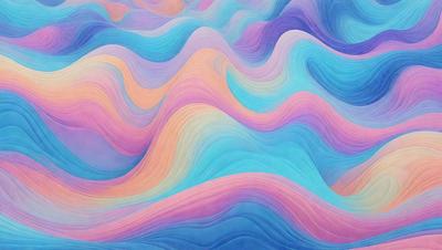 The primary subject of the image is a colorful, abstract painting featuring a wave-like pattern. The setting is a blue background, which complements the vibrant colors of the painting. The visual style is a mix of digital art and illustration, creating a unique and eye-catching piece of art. The dominant colors are blue, pink, and orange, which together create a lively and energetic atmosphere.