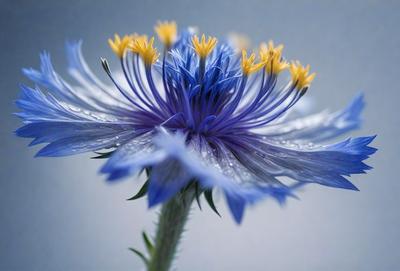 The primary subject of the image is a blue and yellow flower with a purple center. The flower is located in a blue background, which adds to the overall mood of the image. The visual style of the image is a close-up of the flower, showcasing its details and colors. The dominant colors in the image are blue, yellow, and purple, creating a vibrant and lively atmosphere.
