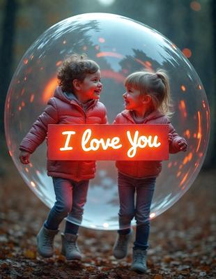 The primary subject of the image is two young girls standing next to each other, each holding a sign that says "I love you." They are positioned in front of a large, illuminated sphere, which serves as the setting or background of the scene. The visual style of the image is a combination of photo and digital art, creating a unique and eye-catching presentation. The colors and mood of the image are warm and affectionate, reflecting the love and bond between the two girls.