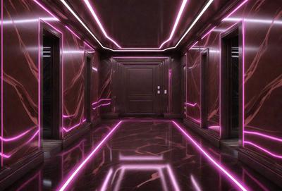 The primary subject of the image is a hallway with a pink and purple lighting effect. The setting is a large building, and the visual style appears to be a combination of photo and digital art. The colors and mood of the image are predominantly pink and purple, creating a unique and vibrant atmosphere.
