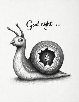 The primary subject of the image is a cartoon-like drawing of a snail. The snail is depicted with a light brown shell and a face with a pair of eyes. The setting is a white background, and the visual style is a hand-drawn illustration. The colors and mood of the image are light and whimsical, with the snail being the main focus of the scene.