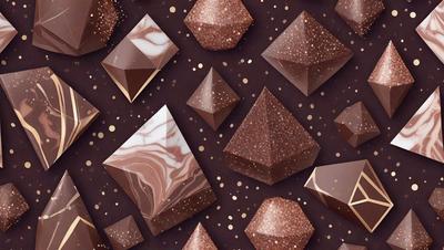 The primary subject of the image is a close-up of a chocolate square with a marbled pattern. The setting is a patterned background, which adds to the visual style. The image is a close-up of a chocolate square, showcasing its texture and details. The colors and mood of the image are predominantly brown, with a rich and indulgent atmosphere.