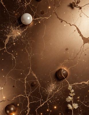 The primary subject of the image is a close-up of a chocolate surface with a few white chocolate balls scattered across it. The setting is a table with a gold-colored surface, which adds a luxurious touch to the scene. The visual style is a combination of a photo and digital art, creating a unique and artistic representation of the chocolate and white chocolate balls. The colors and mood of the image are predominantly dark and rich, with the white chocolate balls providing a contrasting and eye-catching element.