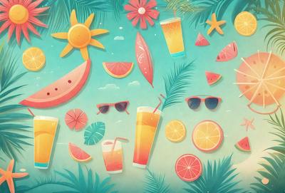 The primary subject of the image is a collection of tropical fruits and drinks, arranged in a visually appealing manner. The setting is a beach, with palm trees and a sun in the background. The visual style is a colorful, cartoon-like illustration, giving the image a fun and vibrant atmosphere. The dominant colors are shades of pink, orange, and yellow, which are associated with tropical fruits and sunny weather.