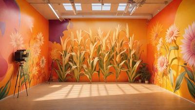 The primary subject of the image is a large painting of tall grass, which is displayed on a wall. The setting is an indoor space, possibly a room or a gallery, with a wooden floor. The visual style of the painting is a combination of digital art and illustration, creating a unique and eye-catching display. The dominant colors in the painting are orange and yellow, which contribute to a warm and inviting atmosphere.