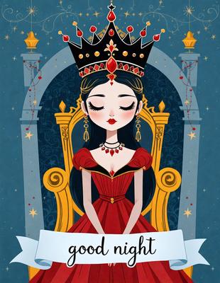The primary subject of the image is a young girl wearing a crown and sitting on a chair. She is surrounded by a blue and red color scheme, which gives the image a warm and inviting atmosphere. The visual style of the image is a digital art or illustration, with the girl being the main focus of the scene.