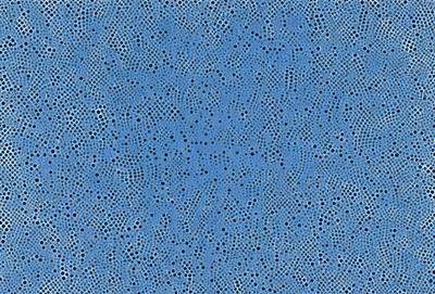The primary subject of the image is a blue background with a pattern of small circles. The setting appears to be a blue sky, and the visual style is a close-up of the blue background. The dominant colors are blue and white, creating a calm and serene atmosphere.