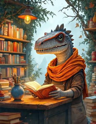 Primary subject: A dinosaur reading a book.

Setting/background: A bookshelf filled with books.

Visual style: Digital art.

Colors and mood: The image is in black and white, giving it a classic and timeless feel.