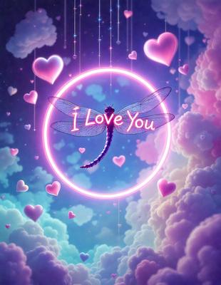 The primary subject of the image is a dragonfly, which is the main object in the scene. The setting is a cloudy sky, and the visual style is digital art. The dominant colors in the image are pink and purple, creating a warm and romantic atmosphere.