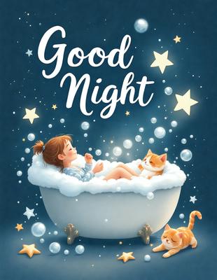 The primary subject of the image is a little girl sitting in a bubble bath filled with bubbles. She is surrounded by two cats, one on her left and the other on her right. The setting is a bathroom, with a sink visible in the background. The visual style is a digital art illustration, creating a warm and cozy atmosphere. The dominant colors are shades of pink and white, representing the bubble bath and the girl's innocence.
