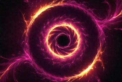 The primary subject of the image is a large, brightly colored, swirling vortex. The setting is a dark background, which contrasts with the vibrant colors of the swirl. The visual style is a combination of digital art and illustration, creating a dynamic and eye-catching scene. The dominant colors are pink and orange, giving the image a warm and energetic atmosphere.