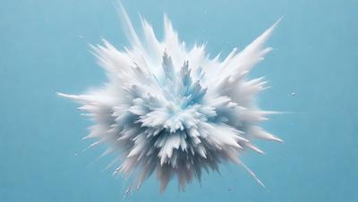 The primary subject of the image is a large, white, and blue explosion, which appears to be a digital art or illustration. The setting is a blue background, and the visual style gives the impression of a painting or a graphic design. The colors and mood of the image are predominantly white and blue, creating a sense of calmness and tranquility.