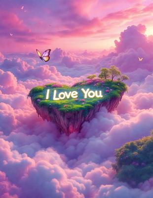 Primary subject: A heart-shaped island with a tree and butterflies.

Setting/background: A pink and purple cloudy sky.

Visual style: Digital art.

Colors and mood: The image is predominantly pink and purple, creating a warm and romantic atmosphere.