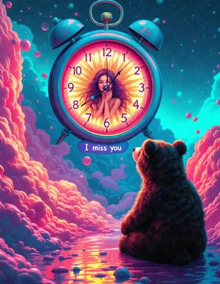 The primary subject of the image is a large clock with a woman's face on it. The clock is positioned in the upper part of the image, and the woman's face is located in the middle of the clock. The setting is a colorful, surreal environment, with a pink background and a blue sky visible in the background. The visual style of the image is a combination of digital art and illustration, creating a unique and artistic representation of the clock. The colors and mood of the image are vibrant and whimsical, with the pink and blue hues adding a sense of playfulness and creativity to the scene.