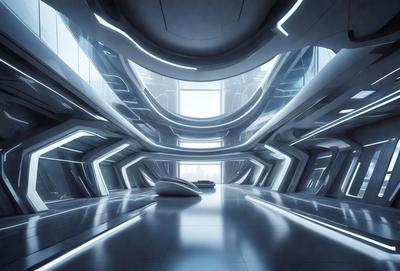 The primary subject of the image is a futuristic, white, and sleek building with a large, open atrium. The setting is a modern, architectural space with a large window that allows natural light to enter. The visual style is a combination of digital art and illustration, creating a futuristic and minimalist atmosphere. The colors and mood are predominantly white, giving the space a clean and minimalist appearance.