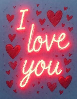The primary subject of the image is a neon sign that reads "I love you." The setting is a white background, and the visual style is a digital art or illustration. The dominant colors are red and pink, creating a warm and affectionate atmosphere.