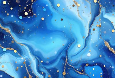 The primary subject of the image is a blue and gold swirling pattern, which appears to be a digital art or illustration. The setting is a blue background, and the visual style is a mix of digital art and illustration. The dominant colors are blue and gold, creating a vibrant and lively atmosphere.