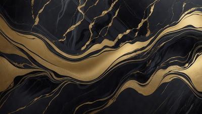 The primary subject of the image is a marble countertop with a gold and black pattern. The setting is a kitchen, and the visual style is a close-up of the countertop. The dominant colors are gold and black, creating a luxurious and elegant atmosphere.