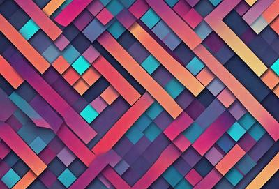 The primary subject of the image is a colorful, geometric pattern. The setting is a purple and blue background, which adds to the vibrant atmosphere. The visual style is a combination of digital art and illustration, creating a unique and eye-catching design. The dominant colors are purple and blue, which contribute to the overall mood of the image, which is energetic and lively.